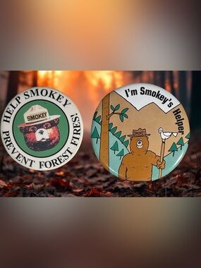 2  Smokey Bear Pinback buttons,
Features Help Smokey and I’m 
Smokey’s Helper